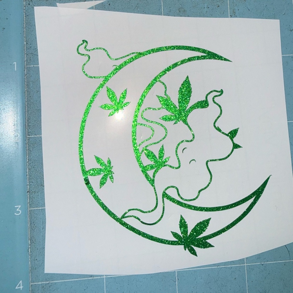 Green Glitter Moon and Leaf Decal